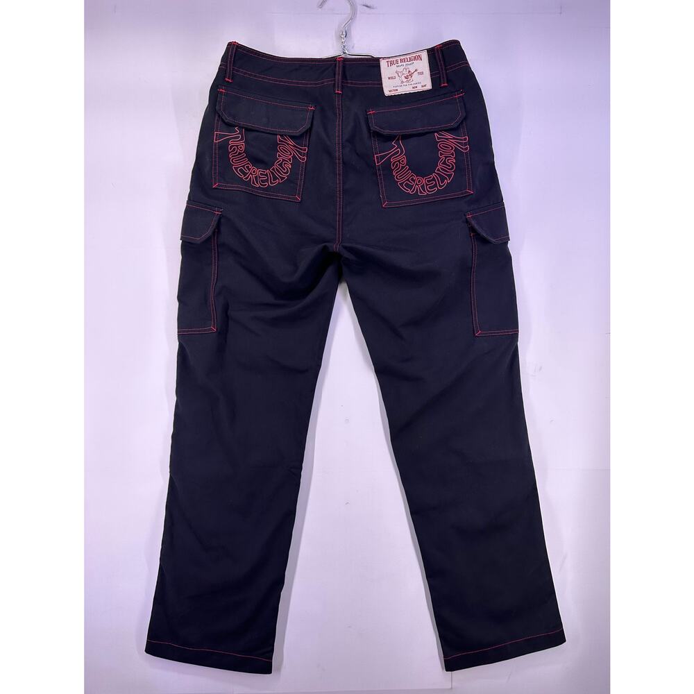 True Religion Jet Black Cargo Jeans Red Accents Size 32